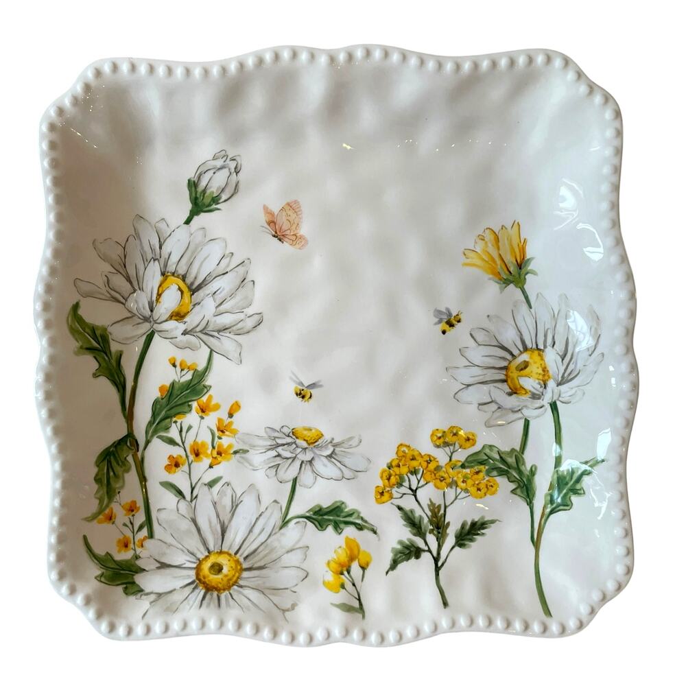 MAXCERA Spring Easter Bee Butterfly Daisy Square Dinner Plates Set of 4 New